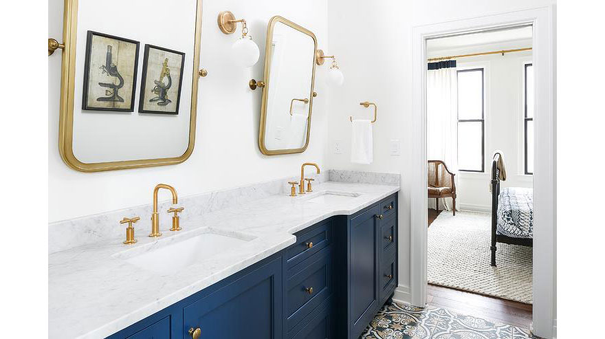 Blue Bathroom Vanity and Brushed Gold Fixtures Cement Mosaic Tile Floor