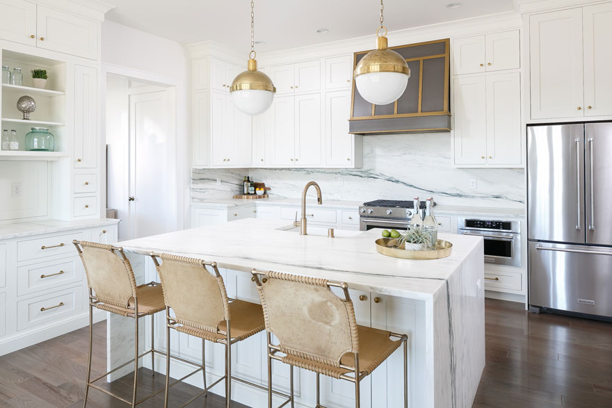 Brushed Gold Light Fixtures and Bar Stools Kitchen