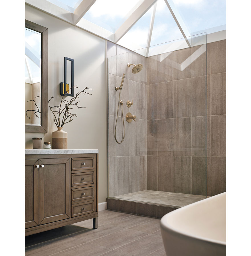 Delta Trinsic Champagne Bronze Shower System with Dual Thermostatic Control Handle, Diverter, Showerhead, and Hand Shower SS17T2592CZ3