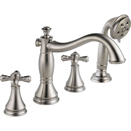 Delta Cassidy Stainless Steel Finish Roman Tub Filler Faucet with Hand Shower Spray INCLUDES Valve and Cross Handles D1063V
