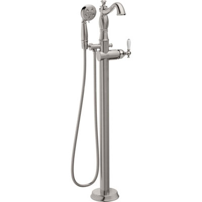 Delta Traditional Stainless Steel Finish Floor Mount Tub Filler Faucet with Hand Shower Spray INCLUDES Valve and Porcelain Lever Handle D1065V