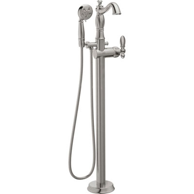Delta Traditional Stainless Steel Finish Floor Mount Tub Filler Faucet with Hand Shower Spray INCLUDES Valve and Metal Lever Handle D1066V