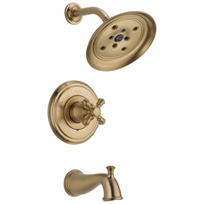 Delta Cassidy Collection Champagne Bronze Monitor 14 Tub and Shower Faucet Combination INCLUDES Single Cross Handle and Rough-Valve with Stops D1491V