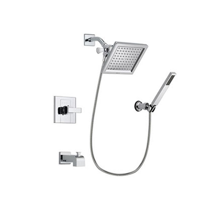 Delta Arzo Chrome Finish Tub and Shower Faucet System Package with 6.5-inch Square Rain Showerhead and Modern Handheld Shower Spray with Wall Bracket and Hose Includes Rough-in Valve and Tub Spout DSP0123V