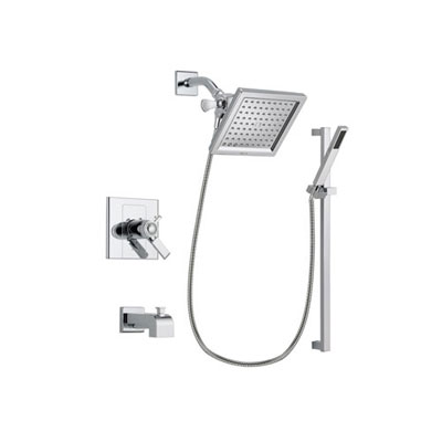 Delta Arzo Chrome Finish Thermostatic Tub and Shower Faucet System Package with 6.5-inch Square Rain Showerhead and Modern Square Wall Mount Slide Bar with Handheld Shower Spray Includes Rough-in Valve and Tub Spout DSP0214V