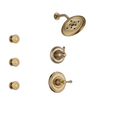 Delta Cassidy Champagne Bronze Finish Shower System with Control Handle, 3-Setting Diverter, Showerhead, and 3 Body Sprays SS142972CZ1