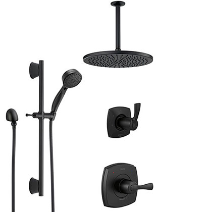 Delta Stryke Matte Black Finish Shower System with Diverter, Large Ceiling Mounted Round Showerhead, and Hand Shower with Slide Bar Kit SS14763BL2