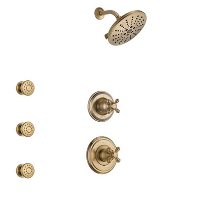 Delta Cassidy Champagne Bronze Finish Shower System with Control Handle, 3-Setting Diverter, Showerhead, and 3 Body Sprays SS14971CZ6