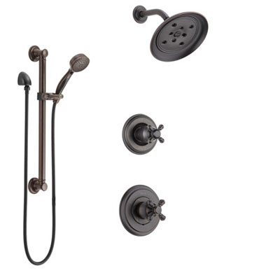 Delta Cassidy Venetian Bronze Finish Shower System with Control Handle, 3-Setting Diverter, Showerhead, and Hand Shower with Grab Bar SS14972RB1