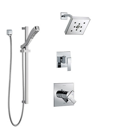 Delta Ara Chrome Finish Shower System with Dual Control Handle, 3-Setting Diverter, Showerhead, and Hand Shower with Slidebar