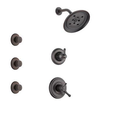 Delta Cassidy Venetian Bronze Finish Shower System with Dual Control Handle, 3-Setting Diverter, Showerhead, and 3 Body Sprays SS17297RB1