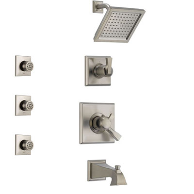 Delta Dryden Stainless Steel Finish Tub and Shower System with Dual Control Handle, 3-Setting Diverter, Showerhead, and 3 Body Sprays SS174511SS1