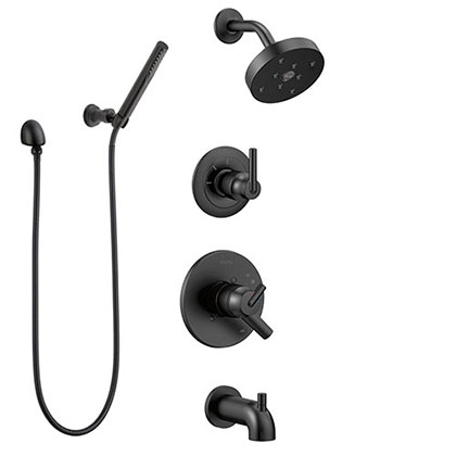 Delta Trinsic Matte Black Finish Modern Complete Tub and Shower System with Diverter, Wall Bracket Hand Sprayer, and Showerhead SS174593BL3