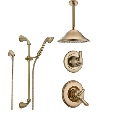 Delta Linden Champagne Bronze Shower System with Dual Control Shower Handle, 3-setting Diverter, Large Rain Ceiling Mount Showerhead, and Handheld Shower Spray SS179482CZ
