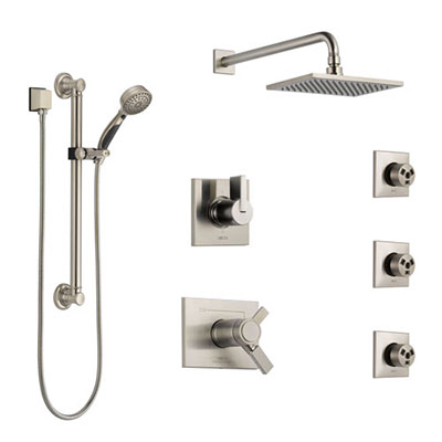 Delta Vero Dual Thermostatic Control Stainless Steel Finish Shower System, Diverter, Showerhead, 3 Body Sprays, and Grab Bar Hand Shower SS17T2532SS1