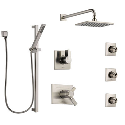 Delta Vero Dual Thermostatic Control Stainless Steel Finish Shower System, 6-Setting Diverter, Showerhead, 3 Body Sprays, and Hand Shower SS17T2532SS4
