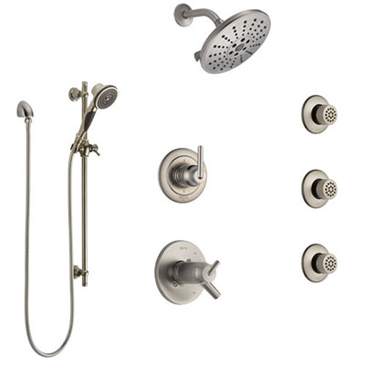 Delta Trinsic Dual Thermostatic Control Stainless Steel Finish Shower System, Diverter, Showerhead, 3 Body Sprays, and Hand Shower SS17T2591SS4