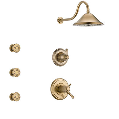 Delta Cassidy Champagne Bronze Shower System with Dual Thermostatic Control Handle, 3-Setting Diverter, Showerhead, and 3 Body Sprays SS17T2971CZ1