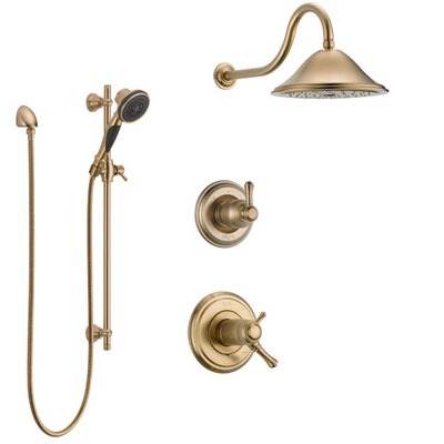Delta Cassidy Champagne Bronze Shower System with Dual Thermostatic Control Handle, Diverter, Showerhead, and Hand Shower with Slidebar SS17T2971CZ3