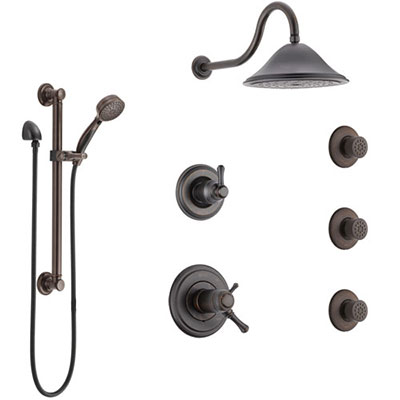 Delta Cassidy Venetian Bronze Shower System with Dual Thermostatic Control, Diverter, Showerhead, 3 Body Sprays, and Grab Bar Hand Shower SS17T2971RB1