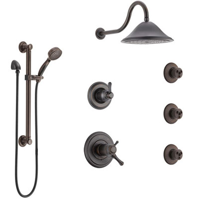 Delta Cassidy Venetian Bronze Shower System with Dual Thermostatic Control, Diverter, Showerhead, 3 Body Sprays, and Grab Bar Hand Shower SS17T2971RB2