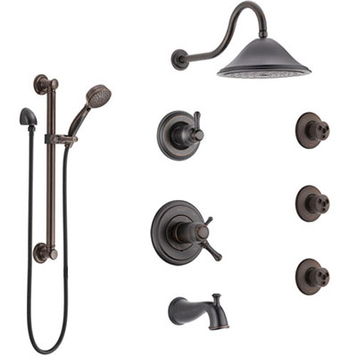 Delta Cassidy Venetian Bronze Dual Thermostatic Control Tub and Shower System, Diverter, Showerhead, 3 Body Sprays, Grab Bar Hand Spray SS17T4971RB2