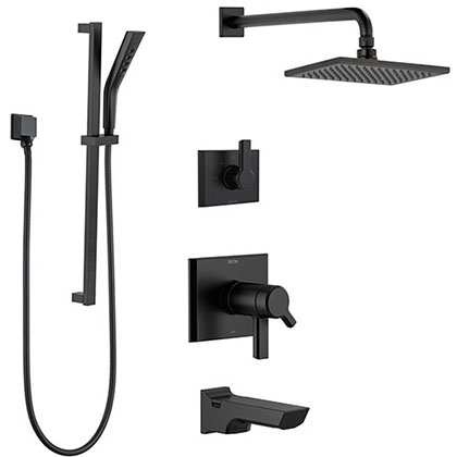 Delta Pivotal Matte Black Finish Thermostatic Modern Angular Tub and Shower System includes Rain Shower Head + Hand Shower with Slide Bar SS17T4993BL2