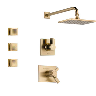 Delta Vero Champagne Bronze Shower System with Thermostatic Shower Handle, 3-setting Diverter, Modern Square Rain Showerhead, and 3 Body Sprays SS17T5381CZ