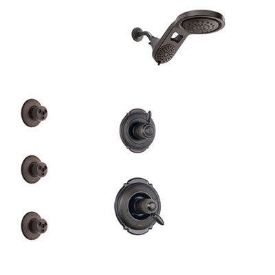Delta Victorian Venetian Bronze Shower System with Dual Thermostatic Control Handle, Diverter, Dual Showerhead, and 3 Body Sprays SS17T551RB7