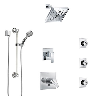 Delta Ara Chrome Shower System with Dual Thermostatic Control, 6-Setting Diverter, Showerhead, 3 Body Sprays, and Hand Shower with Grab Bar SS17T6728