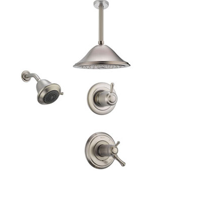 Delta Cassidy Stainless Steel Shower System with Thermostatic Shower Handle, 3-setting Diverter, Large Ceiling Mount Rain Showerhead, and Wall Mount Showerhead SS17T9783SS