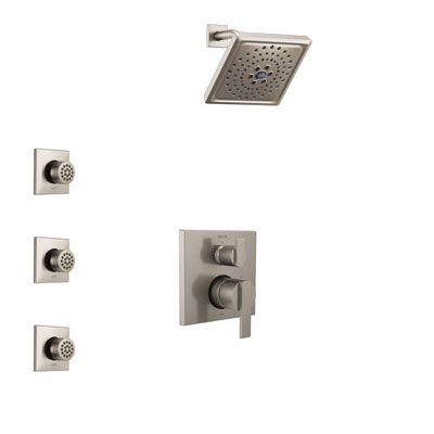 Delta Ara Stainless Steel Finish Shower System with Control Handle, Integrated 3-Setting Diverter, Showerhead, and 3 Body Sprays SS24867SS12