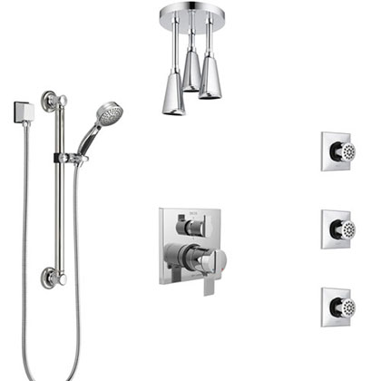 Delta Ara Chrome Shower System with Dual Control Handle, Integrated Diverter, Ceiling Showerhead, 3 Body Sprays, and Grab Bar Hand Shower