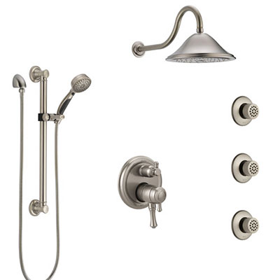 Delta Cassidy Dual Control Handle Stainless Steel Finish Integrated Diverter Shower System, Showerhead, 3 Body Sprays, Grab Bar Hand Spray SS27997SS12