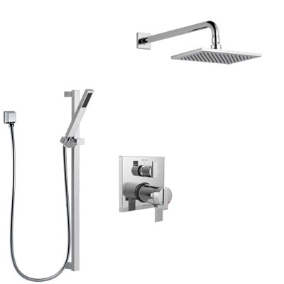 Delta Ara Chrome Finish Shower System with Dual Thermostatic Control Handle, Integrated Diverter, Showerhead, and Hand Shower with Slidebar SS27T86712