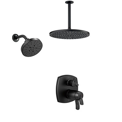 Delta Stryke Matte Black Finish Integrated Diverter Shower System with Large Rain Ceiling Showerhead and Multi-Setting Wall Showerhead SS27T876BLX7