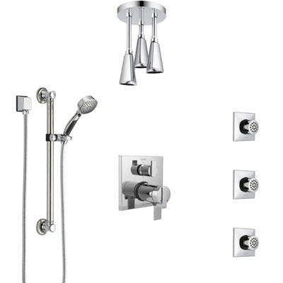 Delta Ara Chrome Dual Thermostatic Control Integrated Diverter Shower System, Ceiling Showerhead, 3 Body Sprays, and Grab Bar Hand Shower SS27T9674