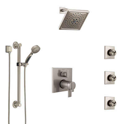 Delta Ara Dual Thermostatic Control Stainless Steel Finish Integrated Diverter Shower System, Showerhead, 3 Body Jets, Grab Bar Hand Spray SS27T967SS9