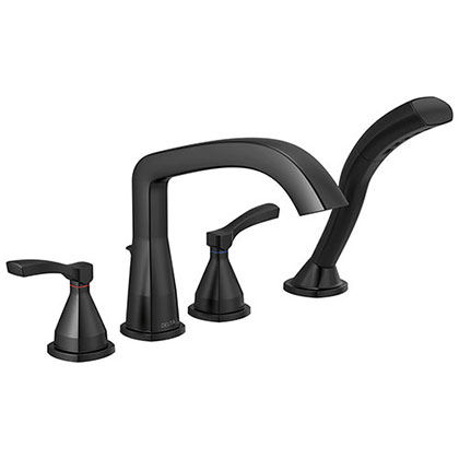 Delta Stryke Matte Black Finish Deck Mount Roman Tub Filler Faucet with Hand Shower Includes Rough-in Valve and Lever Handles D3040V