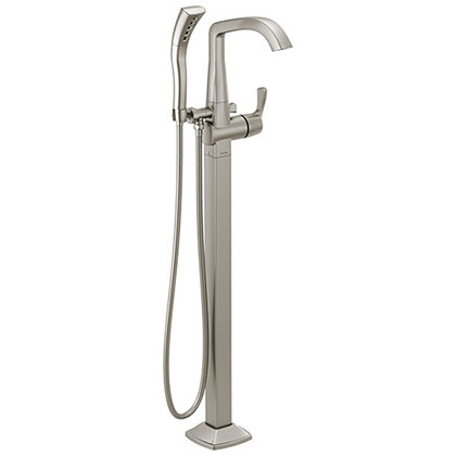Delta Stryke Stainless Steel Finish Single Lever Handle Floor Mount Tub Filler Faucet with Hand Sprayer Includes Rough-in Valve D3033V