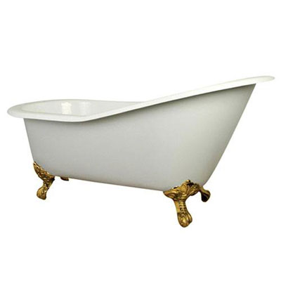 61-inch Small Cast Iron White Slipper Clawfoot Bathtub with Polished Brass Feet