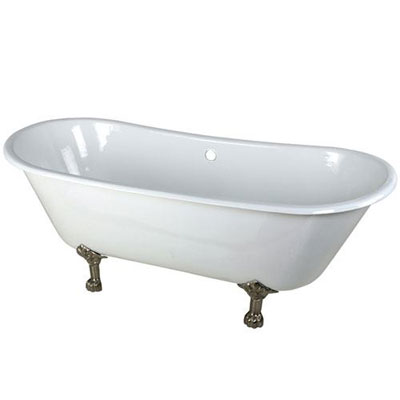 67-inch Large Cast Iron White Double Slipper Clawfoot Bath Tub w/ Satin Nickel Feet