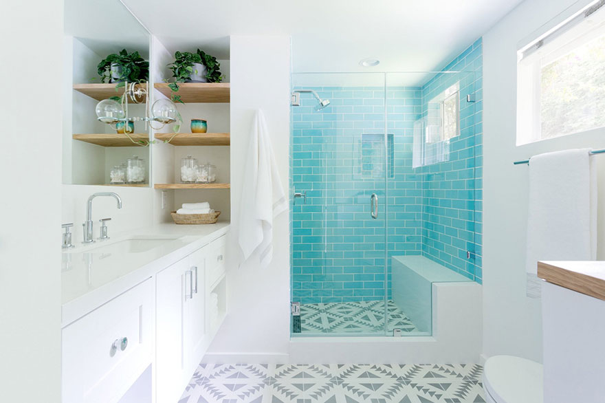Blue Accent Tile Walk-in Shower Stall