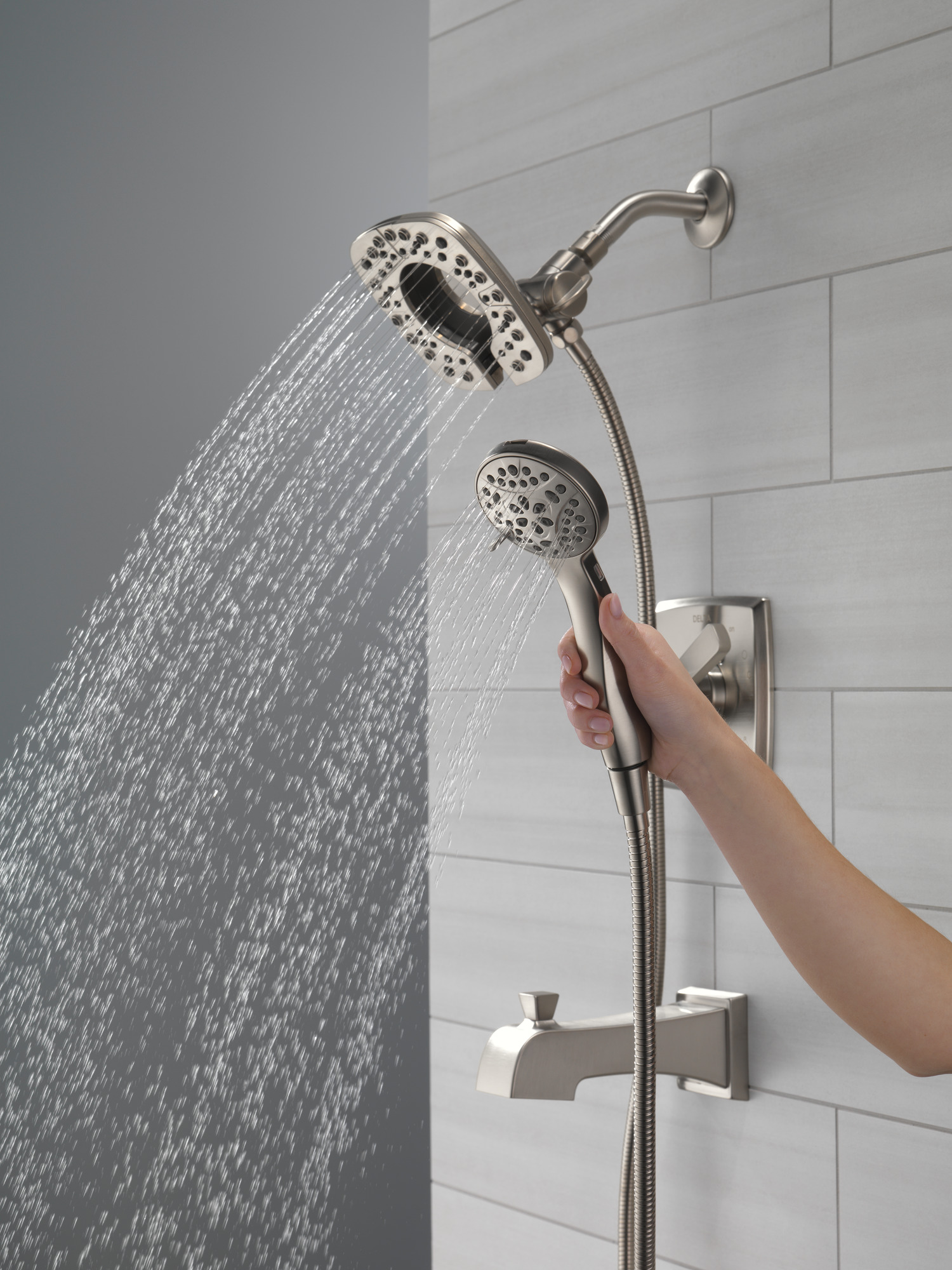 Delta Ashlyn Collection Stainless Steel Finish Tub Shower Faucet with Hand Shower Detached and Showerhead Full Body Spray Setting