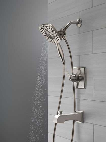 Delta Ashlyn Stainless Steel Finish Tub Shower In2ition Combo Showerhead and Hand Shower Pause Setting