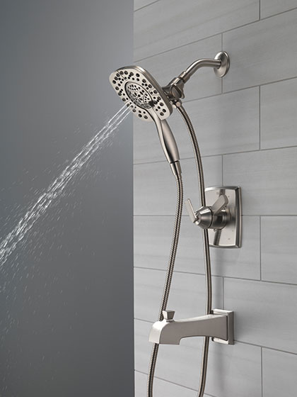 Delta Ashlyn Stainless Steel Finish Tub Shower in2ition Combo Showerhead and Hand Shower with Massage Setting Running