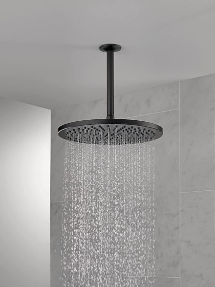 Delta Matte Black Finish Large Modern Circular Ceiling Mounted Rain Showerhead with Ceiling Mount Shower Arm and Flange