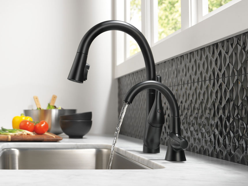 Delta Matte Black Transitional Style Kitchen Sink Faucet with Pull Down Sprayer and Beverage Faucet with Modern Scalloped Dark Gray Backsplash and White Marble Countertop