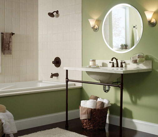 Delta Venetian Bronze Tub Shower Combination Faucet Widespread Faucet with Bronze Metal Vanity Green Bathroom
