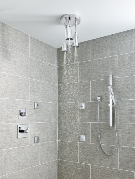 Delta Zura Collection Shower System with Rain Showerhead, Body Sprays, and Hand Shower. Ceiling Showerhead Water On